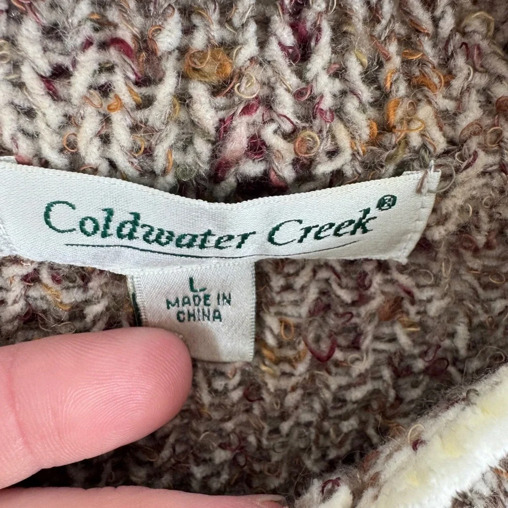 Coldwater Creek Patchwork Knit Cardigan Sweater Brown Tan Fringed Pockets Size L - Picture 6 of 7